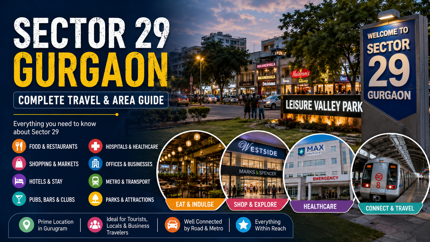 Sector 29 Gurgaon featuring restaurants, hotels, hospitals, shopping, pubs, clubs, Leisure Valley Park and major attractions in Gurugram.