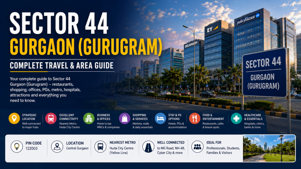 Explore Sector 44 Gurgaon (Gurugram) with restaurants, offices, hotels, PGs, metro, hospitals, shopping, attractions, maps and everything you need to know.