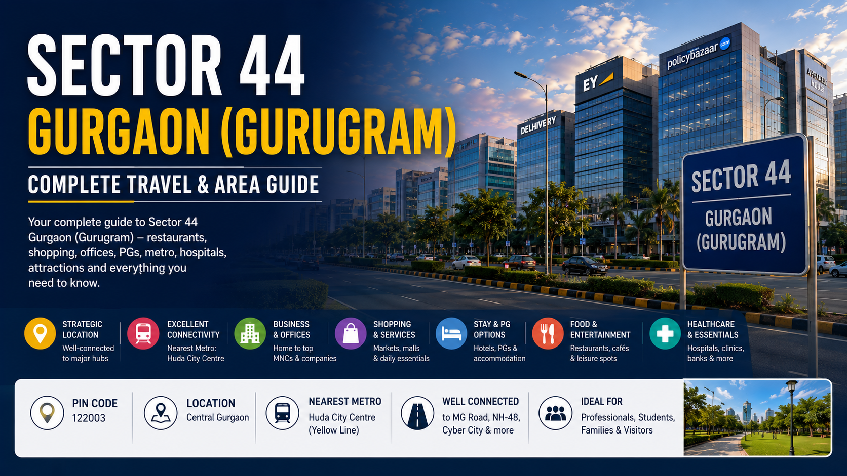 Explore Sector 44 Gurgaon (Gurugram) with restaurants, offices, hotels, PGs, metro, hospitals, shopping, attractions, maps and everything you need to know.