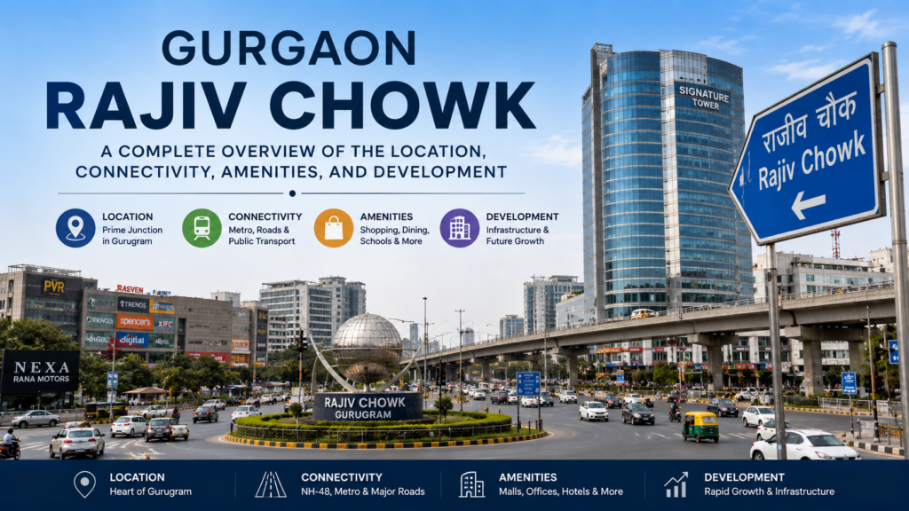 Rajiv Chowk Gurgaon showing the junction, surrounding roads and nearby development