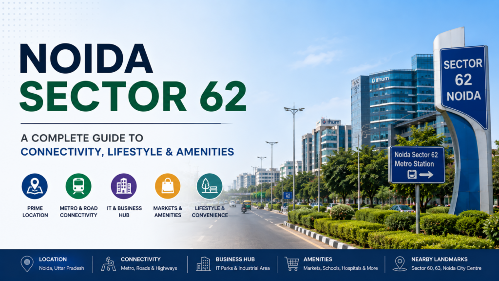 Noida Sector 62 showing roads, metro connectivity, business hubs and surrounding amenities