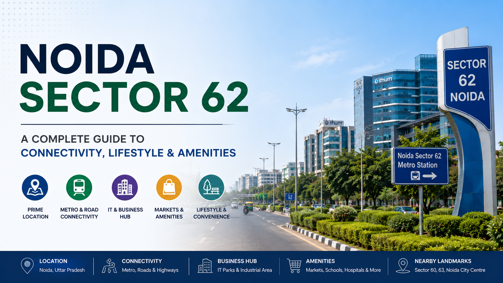 Noida Sector 62 showing roads, metro connectivity, business hubs and surrounding amenities