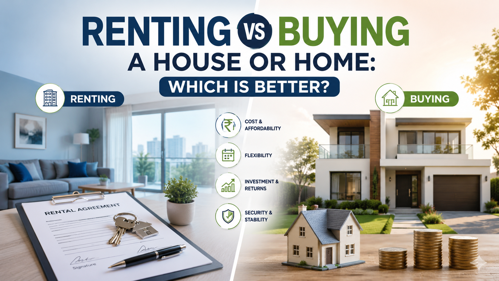 Renting vs buying a house comparison showing a rented home and a purchased home with cost and investment considerations.