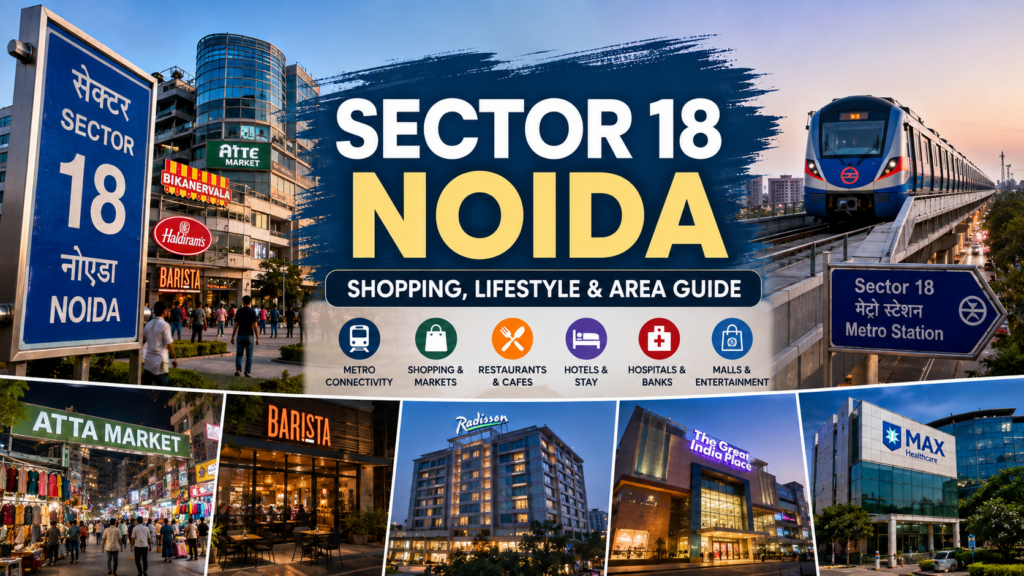 Sector 18 Noida featuring shopping markets, restaurants, hotels, metro connectivity and busy commercial streets.