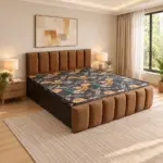 Rio brown upholstered storage bed with vertically panelled headboard and matching padded footboard.