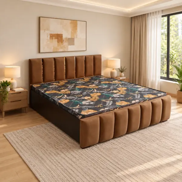 Rio brown upholstered storage bed with vertically panelled headboard and matching padded footboard.
